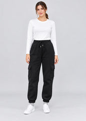 Women’s Black Fleece Cargo Joggers with 5 Pockets – FNT 010