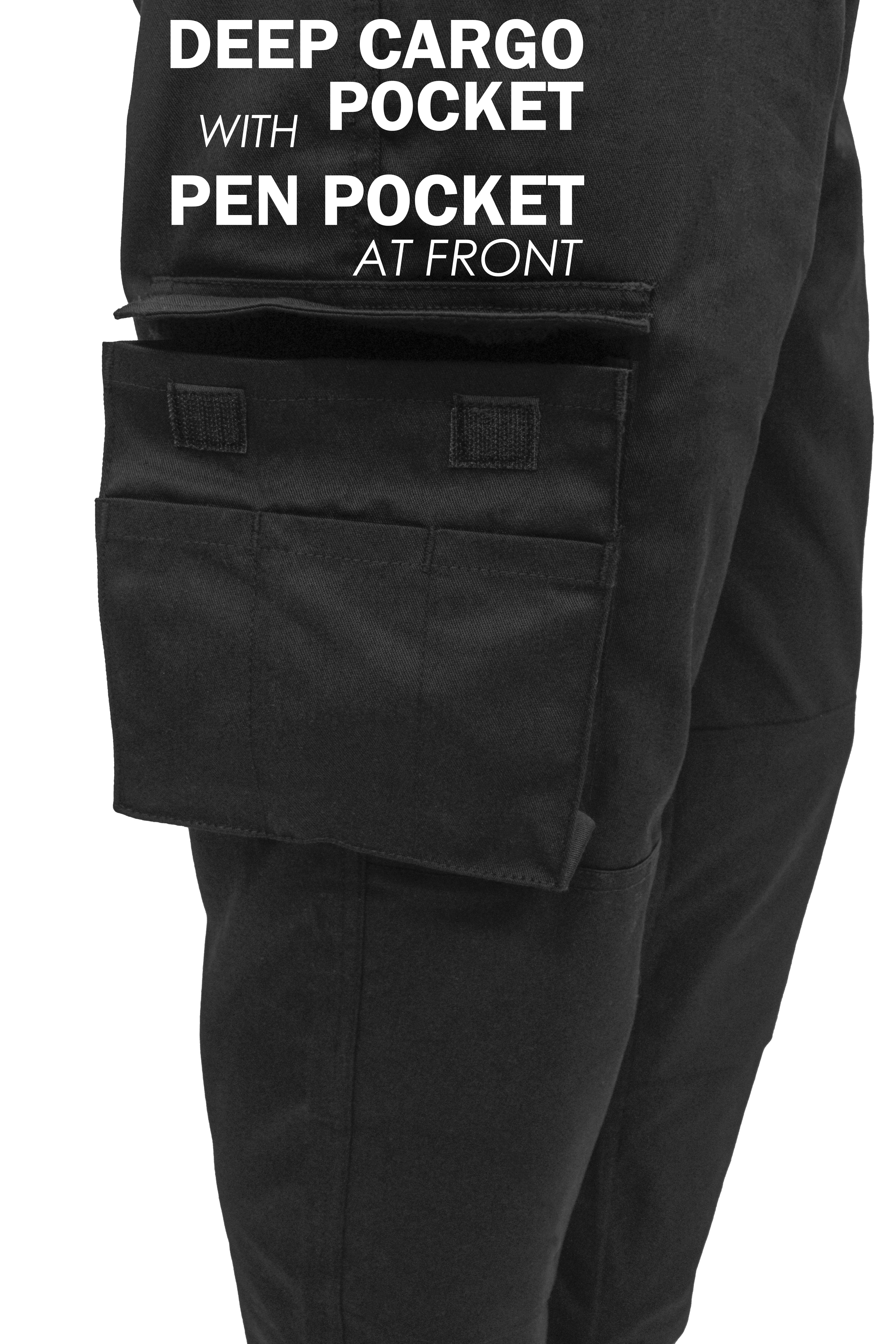 FNT Workwear Black Mens Cargo Combat Work Trouser Multi Pockets Work Pants with Semi Elasticated Waist Band Knee Pad Pockets Button & Zip Fly - FNT WorkWear