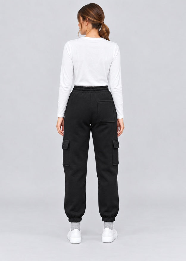 Women’s Black Fleece Cargo Joggers with 5 Pockets – FNT 010