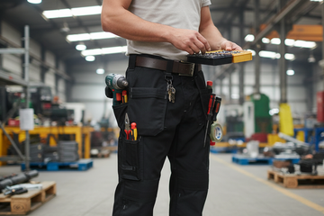 Person in a workshop holding a tool with various tools attached to their belt