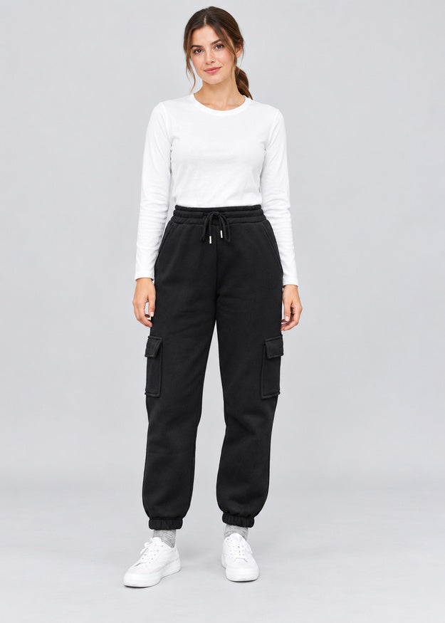 Women’s Black Fleece Cargo Joggers with 5 Pockets – FNT 010