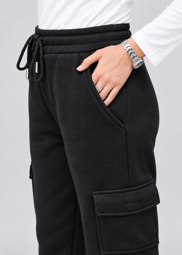 Women’s Black Fleece Cargo Joggers with 5 Pockets – FNT 010