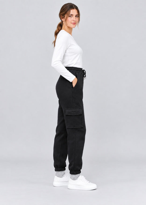 Women’s Black Fleece Cargo Joggers with 5 Pockets – FNT 010