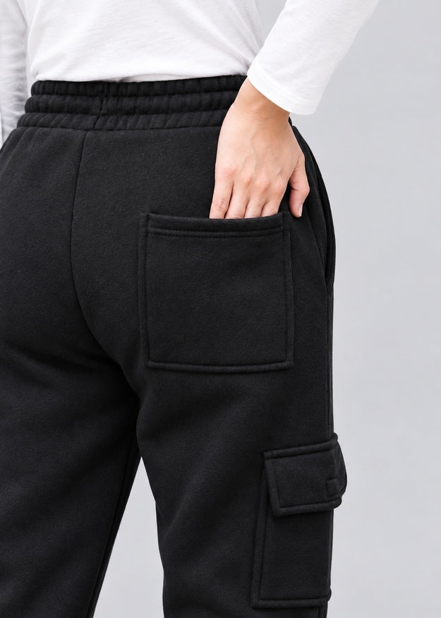 Women’s Black Fleece Cargo Joggers with 5 Pockets – FNT 010
