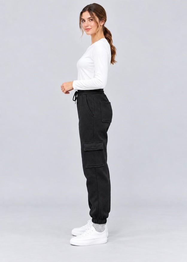 Women’s Black Fleece Cargo Joggers with 5 Pockets – FNT 010