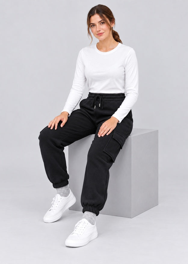 Women’s Black Fleece Cargo Joggers with 5 Pockets – FNT 010