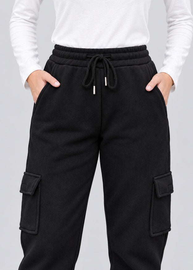 Women’s Black Fleece Cargo Joggers with 5 Pockets – FNT 010