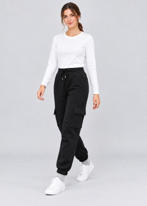 Women’s Black Fleece Cargo Joggers with 5 Pockets – FNT 010